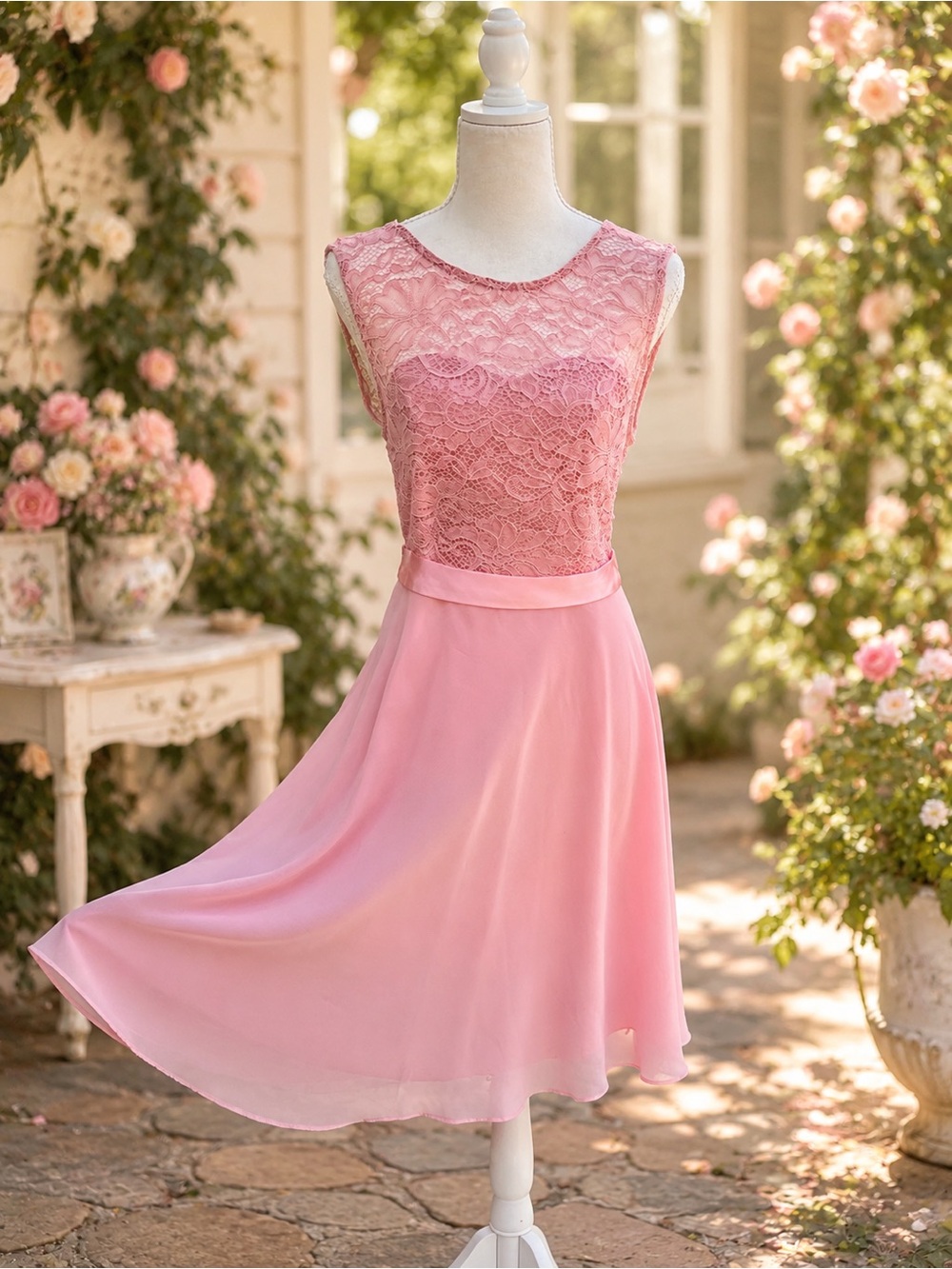 Lace Bodice Pink A-Line Women's Dress